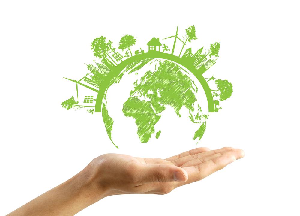 Symbole de la main ouverte sur laquelle repose un globe vert, écoresponsable