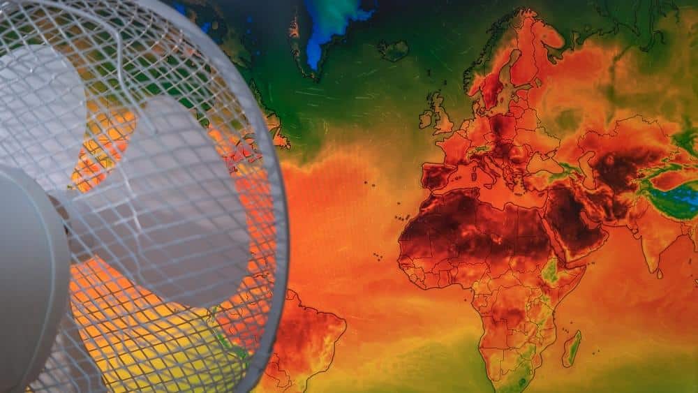 Illustration of heatwave conditions over the African and European continents, with a fan