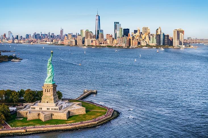 Liberty Island New York and the New York skyline