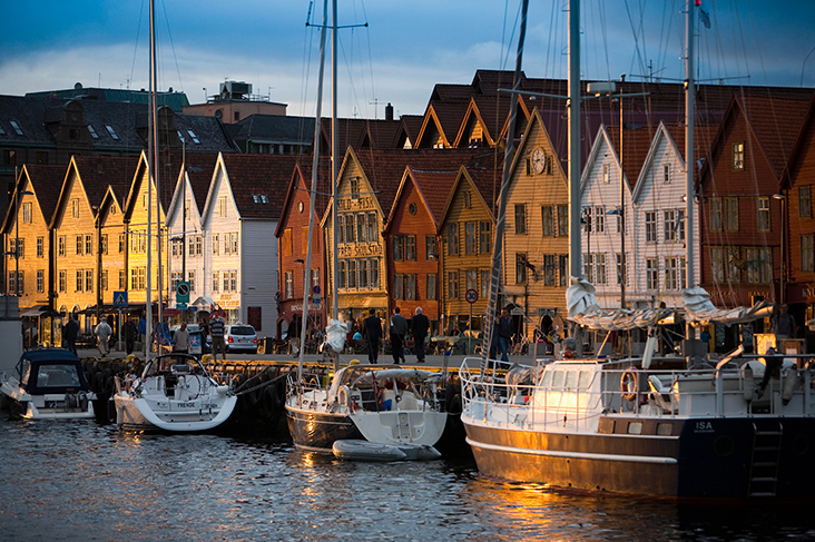 Boats and colorful houses in Norway - Bryggen in Bergen